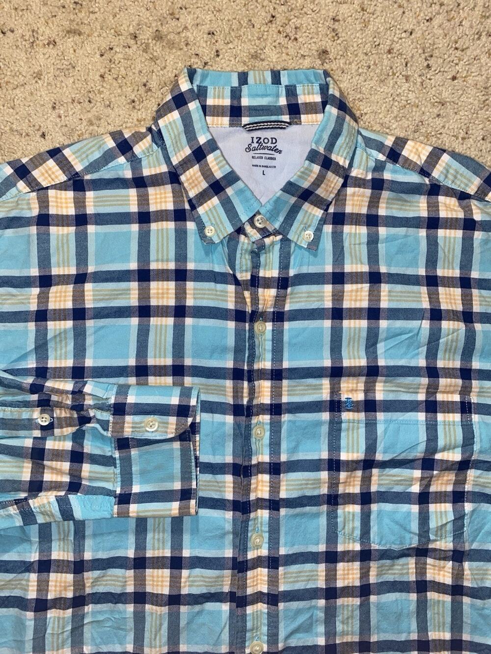 IZOD Saltwater Shirt Mens Large Blue Plaid Button Up Down Cotton Beach Shirt